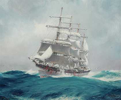 杰克逊港的四桅羊毛裁剪机在芦苇覆盖的上帆下穿过巨大的海浪`The four-masted wool clipper Port Jackson cutting through a heavy swell under reefed topsails by Jack Spurling