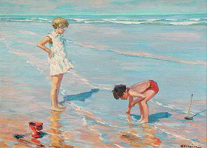 海滩上的孩子们`Children on the beach by Charles Garabed Atamian