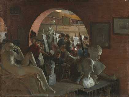 艺术学生联盟中的一个壁龛`An Alcove in the Art Students’ League (1888) by Charles Courtney Curran
