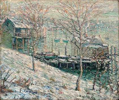 哈莱姆河冬季场景`Harlem River Winter Scene (ca. 1910) by Ernest Lawson