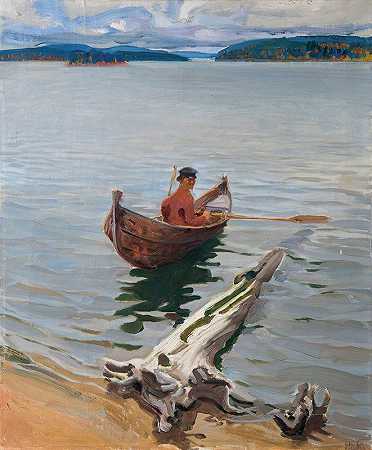 湖上的划手`Rower on the lake (1916) by Akseli Gallen-Kallela