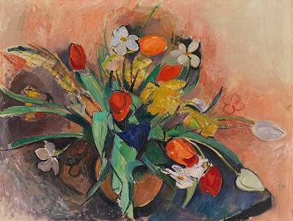 郁金香和水仙花花瓶`Vase Mit Tulpen Und Narzissen (1919) by Rudolf Levy