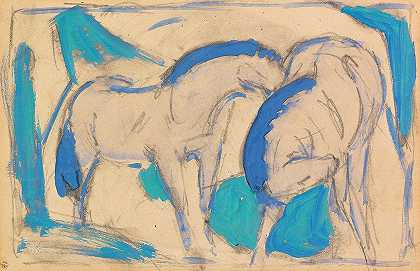 两匹马，蓝绿色的`Zwei Pferde, blaugrün (1911) by Franz Marc