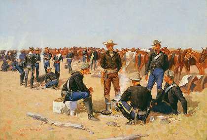 平原上骑兵的早餐`A Cavalryman\’s Breakfast on the Plains by Frederic Remington