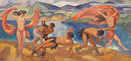 在广阔的风景中跳舞`Tanzende in weiter Landschaft (1918~1924) by Ludwig von Hofmann