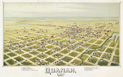 德克萨斯州奎那古董地图。1890`Antique map of Quanah, Texas. 1890 by Thaddeus Mortimer Fowler