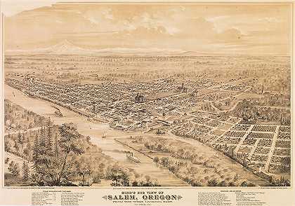 从西边鸟瞰俄勒冈州塞勒姆，向东眺望。1876`Bird\’s Eye View of Salem, Oregon from the West, Looking East. 1876 by Eli Sheldon Glover