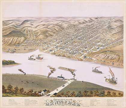 密苏里州马里恩公司汉尼拔市鸟瞰图。1869`Bird\’s Eye View of the City of Hannibal, Marion Co., Missouri. 1869 by Albert Ruger