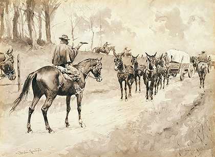 摩根的袭击者占领了一列火车`Morgan\’s Raiders Capturing a Train by Frederic Remington