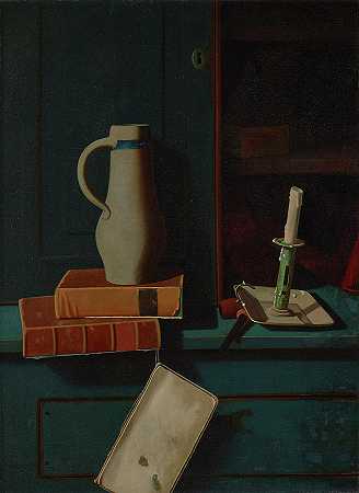 橱柜架子上的水壶、书和蜡烛`Jug, Books, and Candle on a Cupboard Shelf by John Frederick Peto