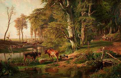 乌斯特比克，一条树木繁茂的小溪边的牛`Cattle by a wooded stream, Oosterbeek by Paul Joseph Constantin Gabriel