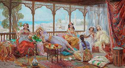 后宫女孩们在阳台上休息，远处的海岸`Harem girls resting on a terrace, the coast beyond by Fabio Fabbi