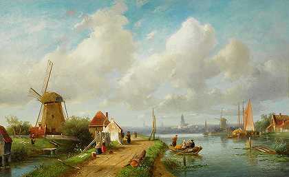 荷兰村庄的渔民`Fishing folk in a Dutch village by Charles Henri Joseph Leickert