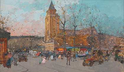 圣日耳曼巴黎`Saint-Germain-des-Pres, Paris by Eugene Galien-Laloue