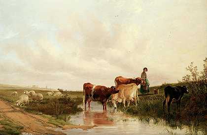 溪边有牛羊的风景`Landscape with sheep and cattle at a stream by Thomas Sidney Cooper