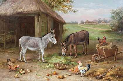 农场院子里的驴子和鸡`Donkeys and chickens in a farmyard by Edgar Hunt