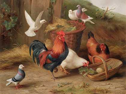 鸡和鸽子在柳条篮子和树干旁`Chickens and doves by a wicker basket and trug by Edgar Hunt
