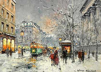 巴黎雪下的卡普西内斯大道`Boulevard des Capucines under the snow, Paris by Antoine Blanchard