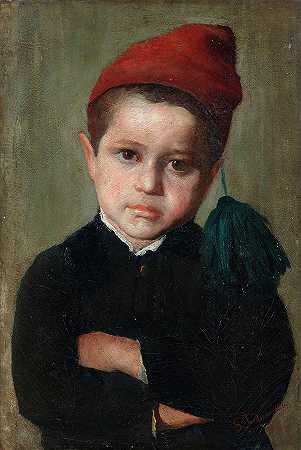 一个戴着红帽子的男孩的肖像`Portrait of a boy wearing a red cap by Gerolamo Induno