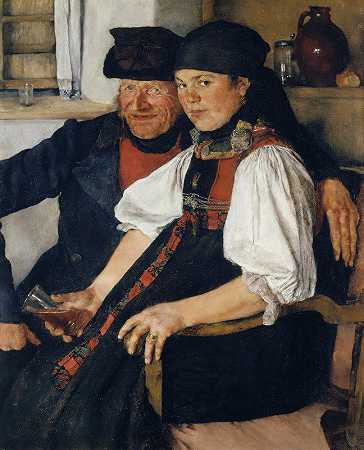 老农民和小女孩`Elderly Farmer and Young Girl (1876 – 1877) by Wilhelm Leibl