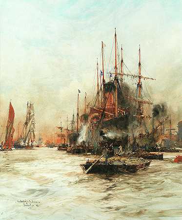 在泰晤士河卸货`Unloading on the Thames by Charles Edward Dixon