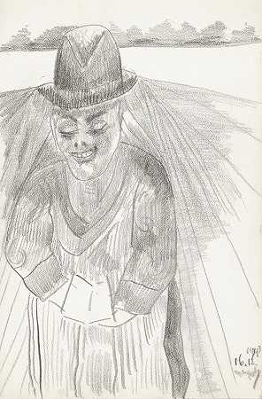 草地上戴着高帽子的男人`Man met een hoge hoed in een weiland (1943~12~16) by Samuel Jessurun de Mesquita