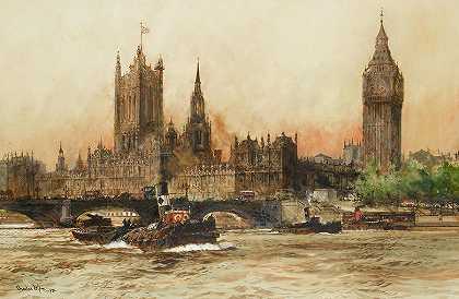 来自泰晤士河的议会大厦`The Houses of Parliament from the Thames by Charles Edward Dixon