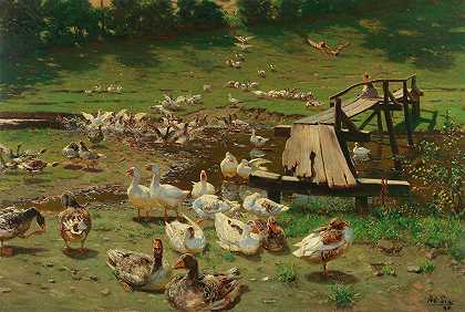 夏日池塘边的鹅`A Summer Day, Geese By A Pond by Adolf Lins