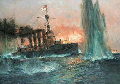 日德兰战役中的重型巡洋舰`A heavy cruiser at the Battle of Jutland by Charles Edward Dixon