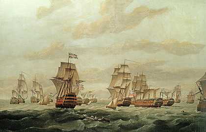 海军上将豪勋爵的舰队返回斯皮特黑德，并在光荣的第一场比赛中获得法国奖品`Admiral Lord Howe\’s fleet returning to Spithead with the French prizes taken at the Glorious First by Thomas Luny