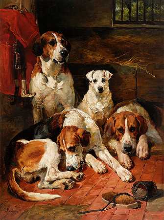 一个意想不到的访客——犬舍里的猎犬和猎犬`An unexpected visitor – Hounds and a Terrier in a Kennel by John Emms