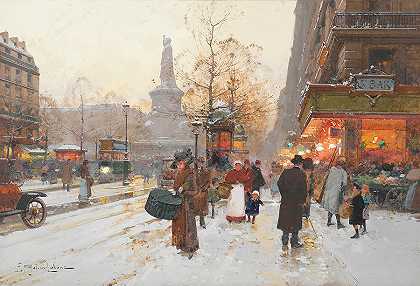 共和广场的一角，雪的影响`The corner of the Republic Square, snow effect by Eugene Galien-Laloue