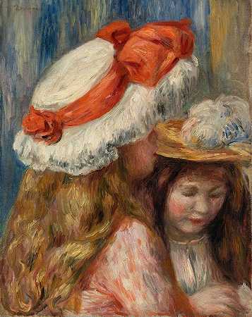 戴帽子的女孩`Girls with Hats (Jeunes filles aux chapeaux) (Early 1890s) by Pierre-Auguste Renoir