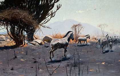 斑马`Zebras (1912) by Wilhelm Kuhnert