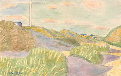 来自维比·克里夫。陆地景观`Fra Vejlby klint. Udsigt ind mod land (1934) by Niels Bjerre