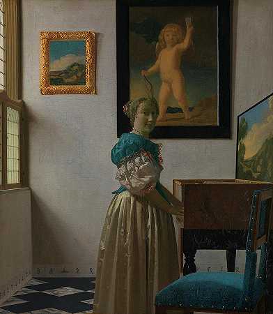 站在女子座前的年轻女子`A Young Woman standing at a Virginal by 维米尔
