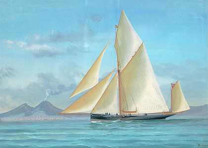 那不勒斯湾的一艘赛艇`A racing yacht in the Bay of Naples by Tommaso de Simone