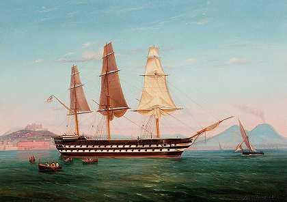 H.M.在那不勒斯海岸用漏斗放下并擦干船帆进行报复`H.M.S Revenge with her funnel down and drying her sails off the coast of Naples by Tommaso de Simone