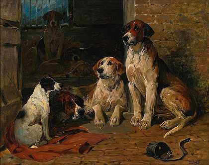 犬舍边的猎犬`Hounds By a Kennel by John Emms