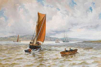 泰晤士河将罗切斯特的玛丽从格雷夫森德港驶离`The Thames barge Mary of Rochester off Gravesend by Thomas Rose Miles