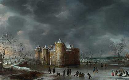 冬天的缪登城堡`The Castle of Muiden in Winter by Jan Beerstraaten