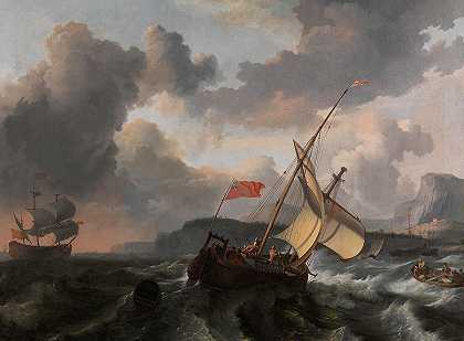 一艘英国船只和一个在波涛汹涌的大海中作战的人`An English Vessel and a Man-of-war in a Rough Sea by Ludolf Bakhuizen
