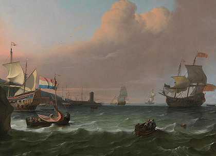 荷兰士兵进入地中海港口`Dutch Men-of-war entering a Mediterranean Port by Ludolf Bakhuizen
