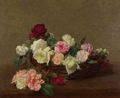 一篮玫瑰`A Basket of Roses by Ignace-Henri-Theodore Fantin-Latour
