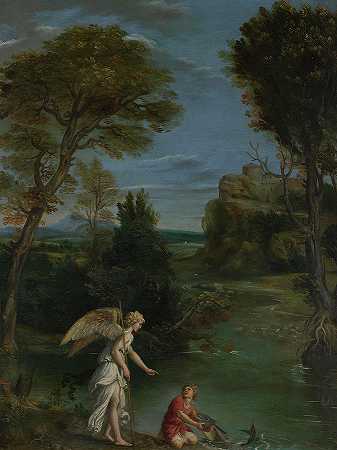 托拜厄斯抓住鱼的风景`Landscape with Tobias laying hold of the Fish by Domenichino