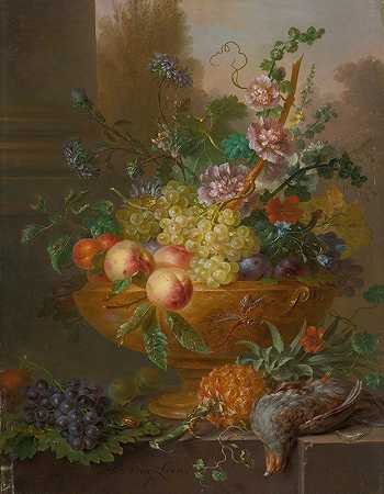 一个装满鲜花、葡萄、桃子、李子和杏子的瓮，前景是一个菠萝和一只鸽子`An urn filled with flowers, grapes, peaches, plums and apricots, a pineapple and a pigeon in the foreground by Willem van Leen