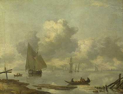 在城镇附近的河上轻快地航行的船只`Vessels in Light Airs on a River near a Town by Jan van de Cappelle