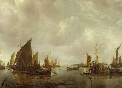 荷兰船只停泊的河景`A River Scene with Dutch Vessels Becalmed by Jan van de Cappelle