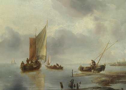 一艘小船在微风中航行，另一艘在岸上`A Small Vessel in Light Airs, and Another Ashore by Jan van de Cappelle
