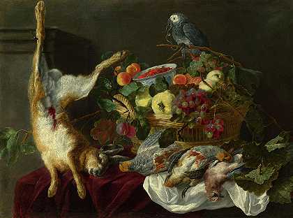 有水果、死猎物和鹦鹉的静物`A Still Life with Fruit, Dead Game and a Parrot by Probably by Jan Fyt
